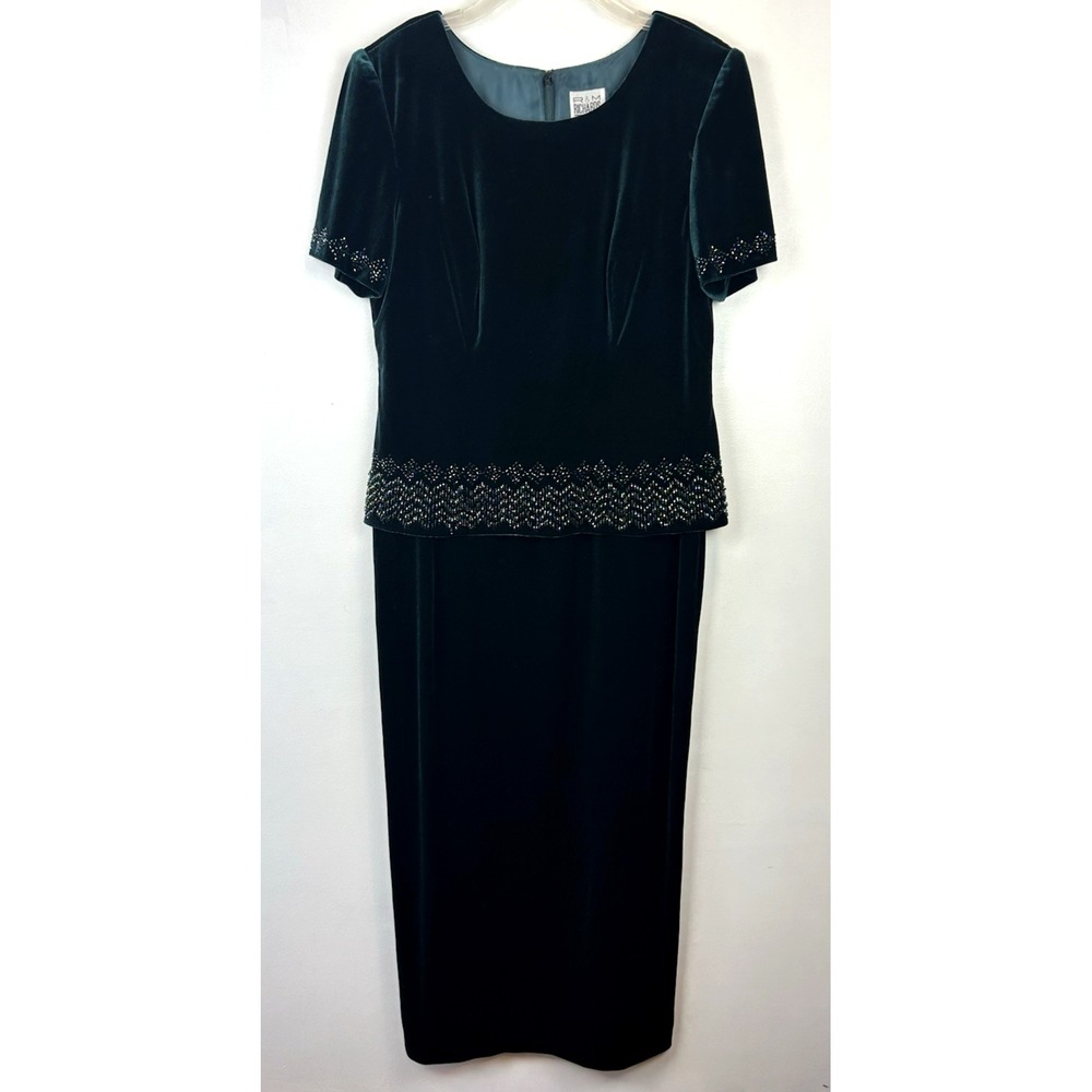 R&M Richards Karen Kwong Dress Womens 12 Green Velour Velvet Evening Beaded Maxi